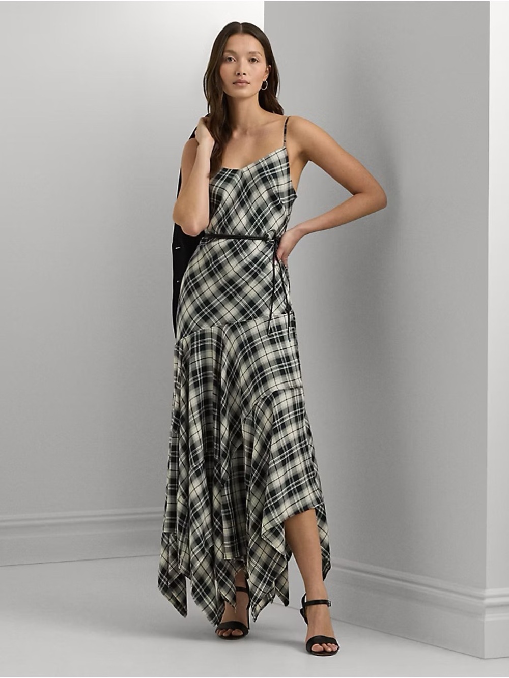 Ralph Lauren Plaid Herringbone Dress Maxi Hankercheif Hem Strap SEE NOTE